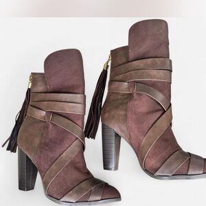 Brown Suede Strappy High-Heel Ankle Boots